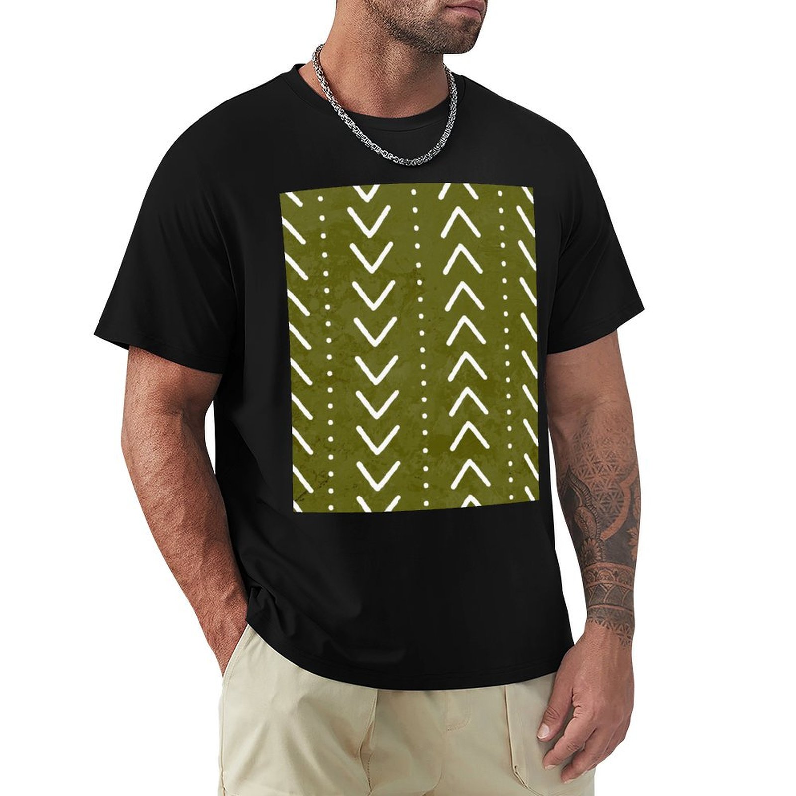 Mudcloth Print Top - Olive Green Mudcloth Arrows Pattern T-Shirt