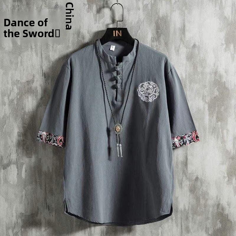 Linen Short Sleeve T-Shirt Men - Urban Ethnic Fashion 评论和价格