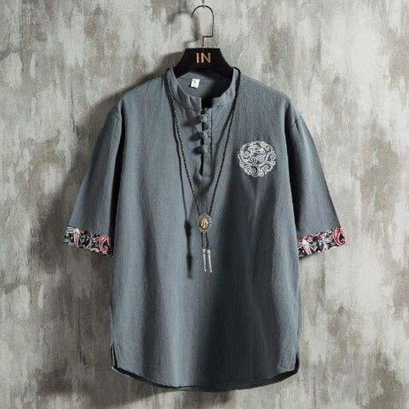 Linen Short Sleeve T-Shirt Men - Urban Ethnic Fashion 评论和价格
